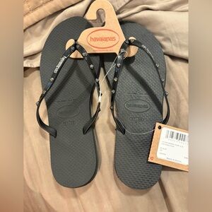 Havaianas Black Flip Flops with Metallic stud Accents